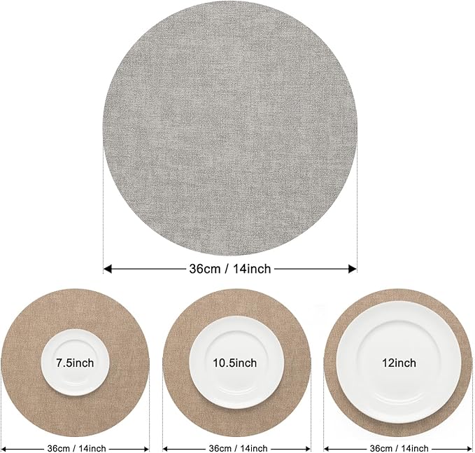 Myir JUN Reversible Vinyl Round Placemats Set of 8, Faux Leather Place Mats Dual Sided Waterproof Oilproof Wipeable, Heat-Resistant Table Mats for Kitchen Dining Indoor Outdoor (14", Light Gray Beige)