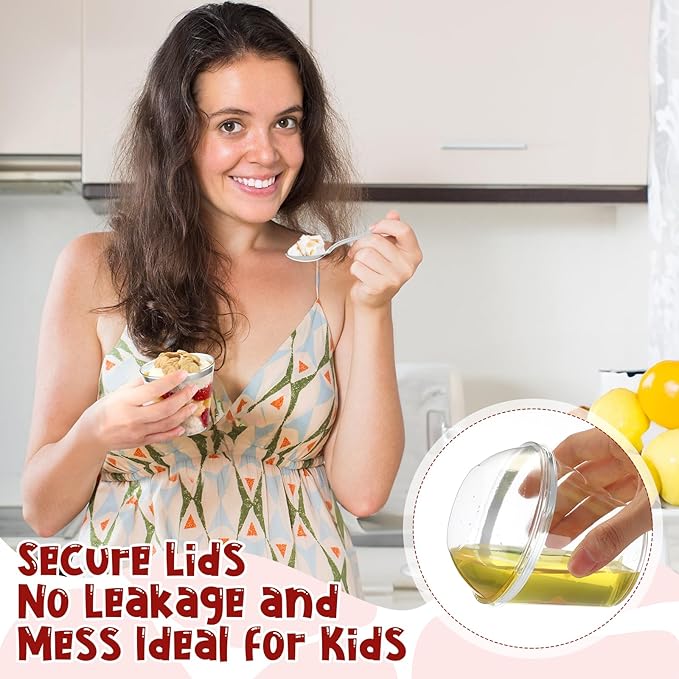 Jinei 50 Sets 9 oz Silver Plastic Dessert Cups with Dome Lids Spoons Rimmed Clear Disposable Plastic Fruit Cups with Lids for Yogurt Parfait Pudding Cupcake Ice Cream Party Wedding Reception