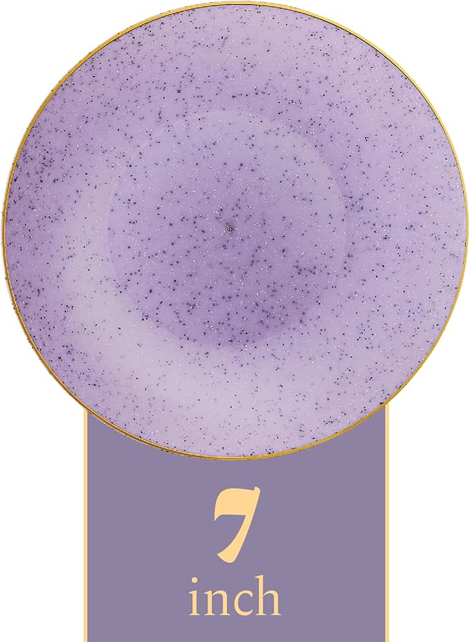 PLASTICPRO 30 Pack Disposable Plastic Plates Heavyweight Granite Look Elegant 7 inch Dinner Plates Purple with Gold Rim
