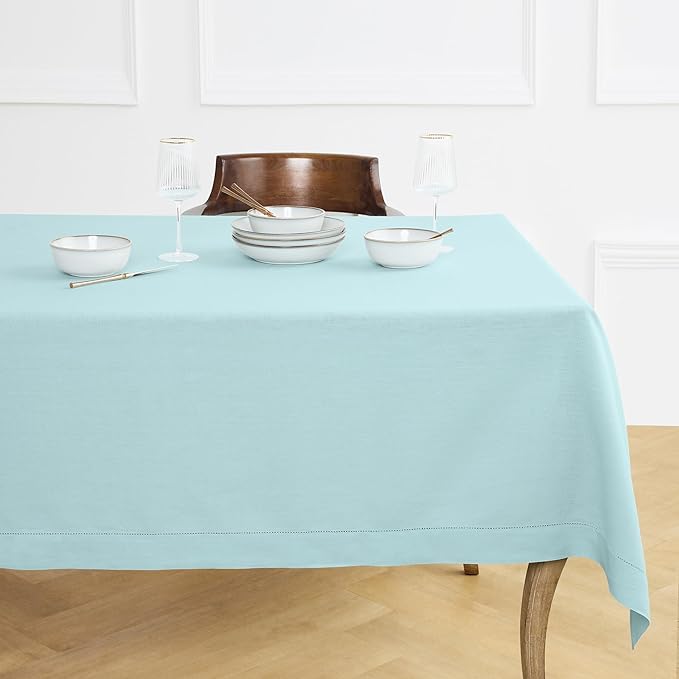 Solino Home Linen Tablecloth for Rectangle Tables 60 x 108 Inch - Classic Hemstitch 100% Pure Linen Aqua Blue Table Cloth - Machine Washable Cloth Tablecloth for Spring, Easter