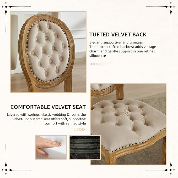 Vintage French Dining Chairs Set of 6, Round Back Velvet Upholstered Accent Chairs with Nailhead Trim and Solid Wood Frame, Elegant Sillas de Comedor for Dining Room & Kitchen, Beige