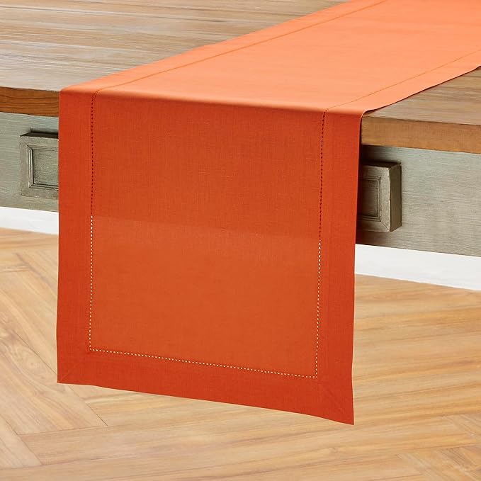 Solino Home Cotton Linen Table Runner Burnt Orange Hemstitch, 14 x 36 in | - Image 2