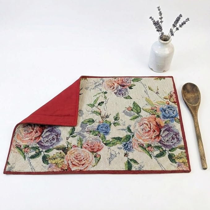 DaDa Bedding Vintage Romantic Roses Floral Dining Table Placemats - Set of 4-Pieces Tapestry Lovely Valentine Blossoms Spring Summer Garden - Decorative Linen Woven Kitchen Mats - 13” x 19” (879)