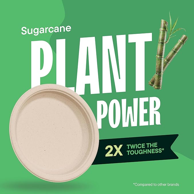 Stack Man Deep Dish Paper Plates, Heavy Duty Disposable Dinner Plates [125-Pack] 10 Inch Plates - 100% Compostable Eco-Friendly, Biodegradable Sugarcane Bagasse, Natural Brown 10" (9" Deep)