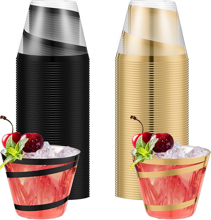 Gejoy 9 oz Rimmed Swirl Plastic Cups Disposable Wine Drinking Cups Clear Elegant Halloween Tumblers for Christmas Party Supplies(Black, Gold,50 Pcs)