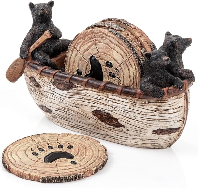 Bear Coasters - Set of 6 Full Size Rustic Coasters in Handmade Canoe - Log by CabinObsession
