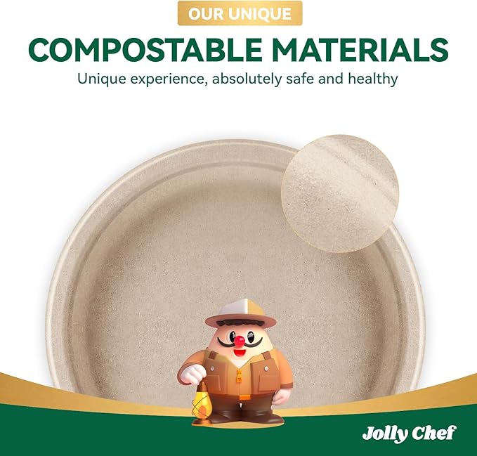 JOLLY CHEF Compostable Heavy Duty Plates 𝟳 𝗶𝗻𝗰𝗵 𝗮𝗻𝗱 𝟵 𝗶𝗻𝗰𝗵 [𝟭𝟮𝟬 𝗣𝗮𝗰𝗸] Eco-Friendly Disposable Paper Plates Bagasse Biodegradable Sugarcane for Party Hot Cold Foods Christmas(Brown)