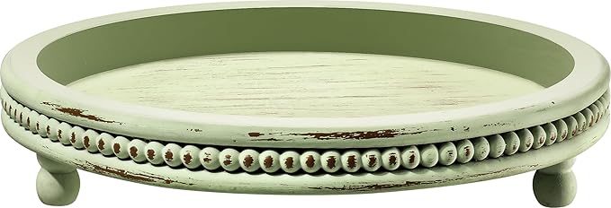 KULEDM Handmade Wooden Decorative Tray, Small Beaded Coffee Table Tray Decor, Sage Round Serving Tray for Coffee Table, Dining Room Table Entryway and Living Room Table