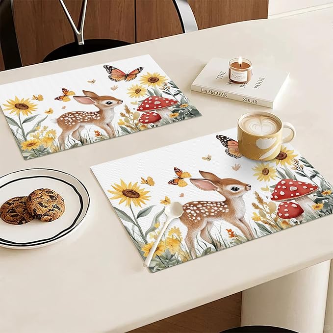 Cute Deer Placemats Set of 4, Sunflower Butterfly Place Mats, Sika Deer Waterproof Washable Table Mats for Home Party Indoor Kitchen Dining Table Decoration 12x18 Inch