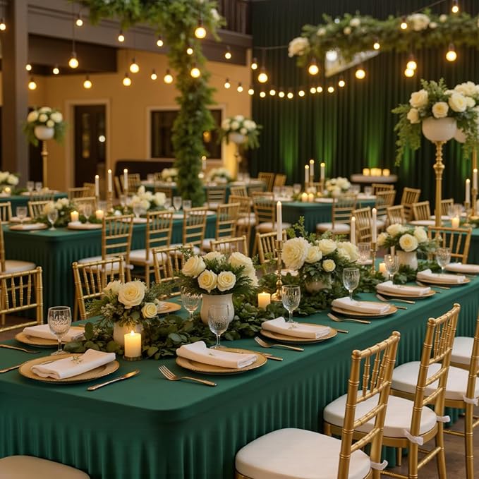 6 Pack Dark Green Rectangle Tablecloth with Elastic Table Skirt – 6FT Fitted Spandex Table Cover, 72 Inch Wrinkle-Resistant & Stretchable for Christmas Party Banquet Buffet Restaurant