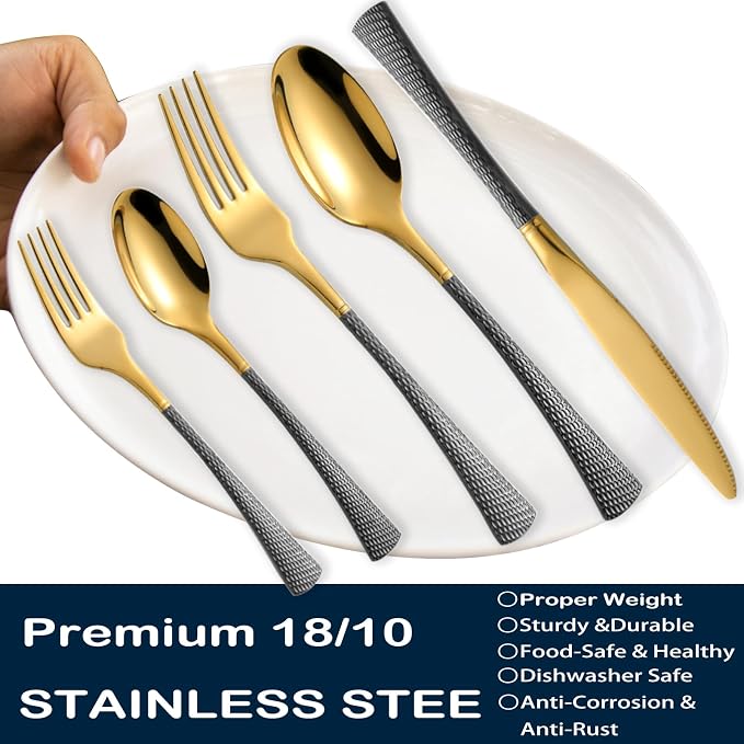 Hammered Black Gold Silverware Set, 20 Piece Modern Flatware Set Service - Image 8