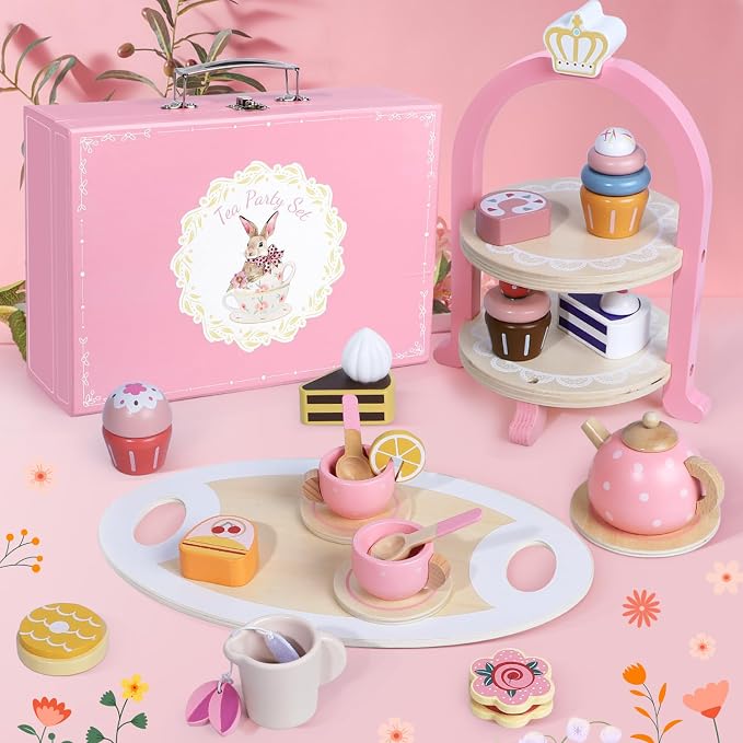 Wooden Tea Party Set for Little Girls, Toddler Girl Gifts Princess Tea Time Toys - Image 4