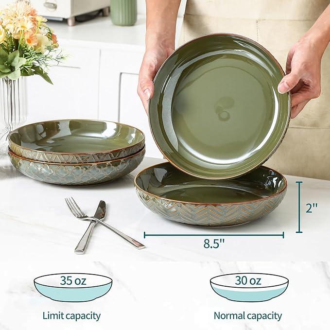 Sureasy Pasta Bowls Set of 4-30oz Large Ceramic Embossed Bowl Plates, 8.5 Inch Wide and Shallow Plate Bowls, Salad Bowl, Microwave, Oven & Dishwasher Safe, Green