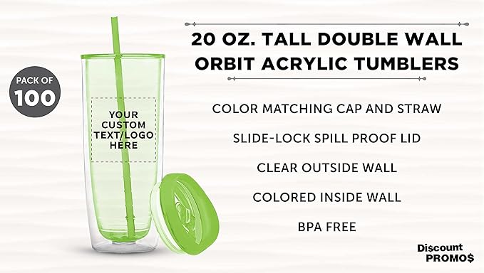Custom Tall Orbit Acrylic Tumblers 20 oz. Set of 100, Personalized Bulk Pack - Perfect for Iced Coffee, Soda, Other Hot & Cold Beverages - Lime Green