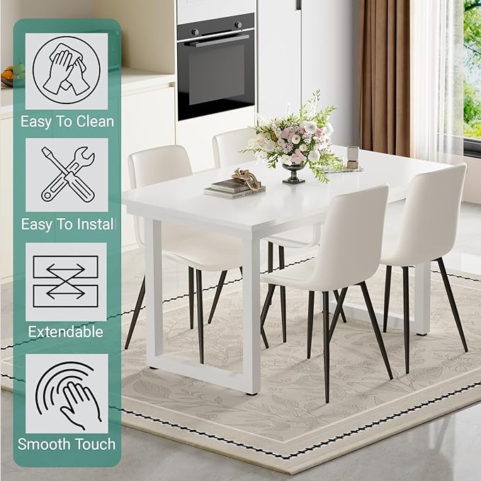 White Dining Table Set for 6, 55"-71" Extendable Dining Room Table Set for 6, Modern Kitchen Table with 6 Upholstered Chairs, Space-Saving for Dining Room Apartment, Easy Assembly