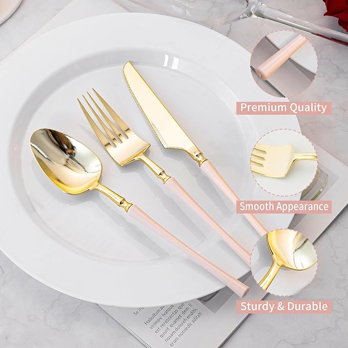 Lullaby 90pcs Gold Plastic Silverware, High End Disposable Cutlery with Pink Handle Include 30 Forks, 30 Spoons, 30 Knives, Elegant Disposable Silverware for Wedding, Party, Gathering and Daily Use