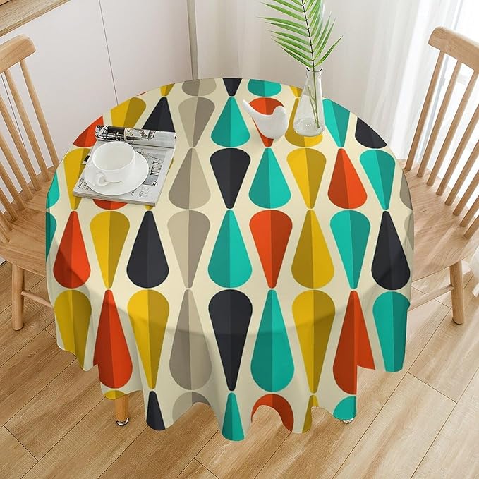 Vintage Bohemian Mid Century Round Tablecloth, Retro 50s 60s Geometric Pattern Print Tablecloth for Home Party Dining Room Kitchen Decor 50Inch(127cm)