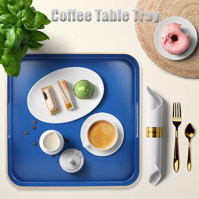 Royal Blue Square Decorative Tray with Handles, 13"*13" Versatile Serving Tray for Coffee Table, Ottoman, Ideal for Serving, Displaying, Organizing