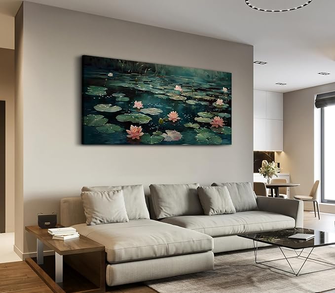 ADJUVANT Wall Art Impressionist Water Lily Pond 40" L x 20" W, Pink Lotus Flowers on Dark Blue Water Canvas Painting Nature Artwork Prints Wall Decor for Living Room Bedroom Bathroom Home Office
