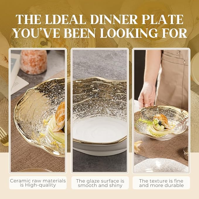 Handmade Ceramic Pasta Bowl 10.4 Inch, Wave Edge Gold Rim Soup Bowl, Set of 4 Reinforced Porcelain Bowls, 1kg Each, Dishwasher Safe Dinner Bowls
