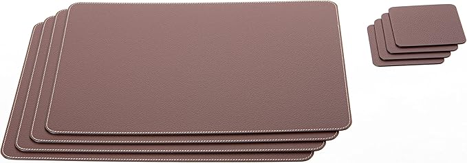 Nikalaz Set of Small Brown Placemats and Coasters, 4 Table Mats and 4 Coasters, Recycled Leather, Place Mats 15.75'' x 11.8'' and Coasters 3.9'' x 3.9''