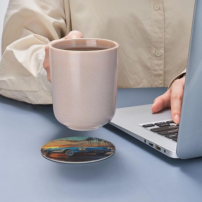 Car Print Coasters for Drinks with Holder Round Leather Coasters Set of 6 Cups Mugs Mat Pad for Home Kitchen Bar