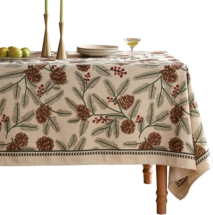 ISAENNE Designer Christmas Beige Linen Extra Long Tablecloth Rectangle,Pinecones Pattern Indoor Table Cloths,Washable Decor Tablecloths for Dining Thanksgiving Kitchen,67"*118"-Carol B