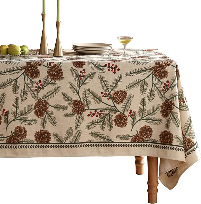 ISAENNE Designer Christmas Beige Linen Square Tablecloth,Pinecones Pattern Indoor Tablecloths,Wrinkle Resistant Decor Table Cloth for Dining Thanksgiving Kitchen Christmas,67"*67"-Carol B