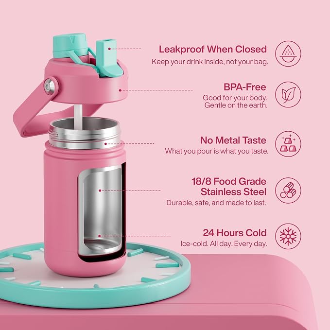 Kids Insulated Water Bottle - 12oz Stainless Steel Water Bottle with Dual Spouts - Image 7