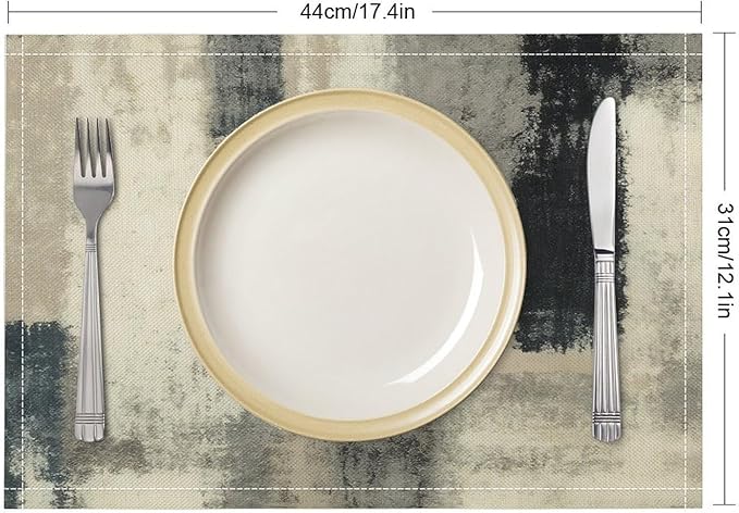 Gradient Placemat Set, Modern Minimal Fashion Abstract Beige Grey Blue Art Oil Painting Brush Strokes Patchwork Pattern Home Decor Linen Table Mats for Dining Room Kitchen Party (17x12in) x6P