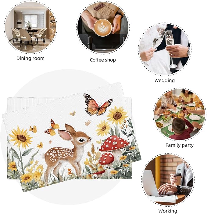 Cute Deer Placemats Set of 6, Sunflower Butterfly Place Mats, Sika Deer Waterproof Washable Table Mats for Home Party Indoor Kitchen Dining Table Decoration 12x18 Inch