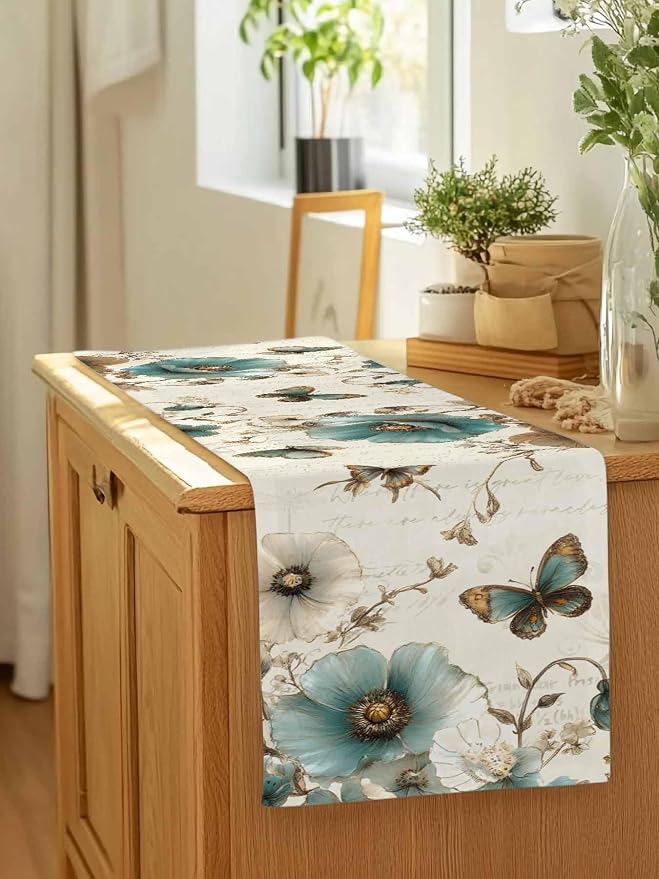 Turquoise Tulip Table Runners 70 Inches Long, Spring Vintage Botanical Table - Image 7