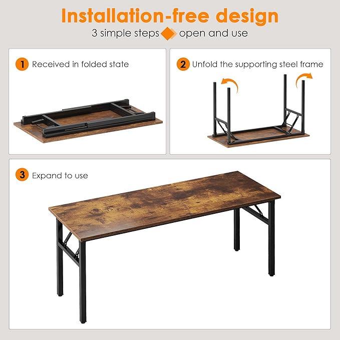 Need Folding Computer Desk, Large 60 inches Folding Table for Home Office, No Install Needed Foldable Writing Table Desk, Rustic Brown