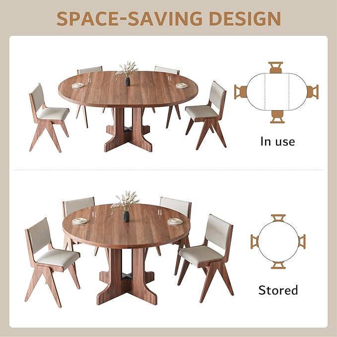 iPormis 59" Round Extendable Dining Table for 4-6, Modern Kitchen Table with Heavy Duty Pedestal Base & Wooden Top, Oval Dining Room Table for Dining Living Room, Easy Assembly, Walnut