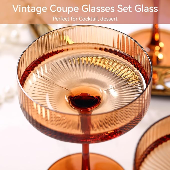 9 oz Dark amber Vintage Art Deco Coupe Glasses Set of 6 Brown Ribbed martini Glasses |Vintage Cocktail Glasses Set,Unique Colored Coupe Glass