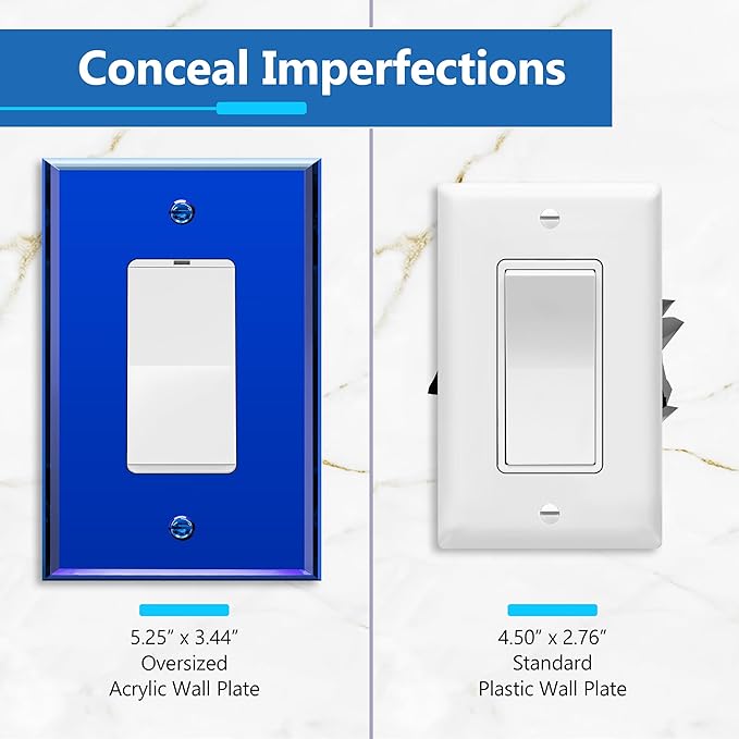 LIDER Decorator Wall Plate, Temperature/Impact Resistant, Mirrored, Plexiglass Outlet/Light Switch Cover, Acrylic glass, Reflective Finish, Modern Upgrade, Oversized 1-Gang 5.25" x 3.44", Blue, 5 Pack