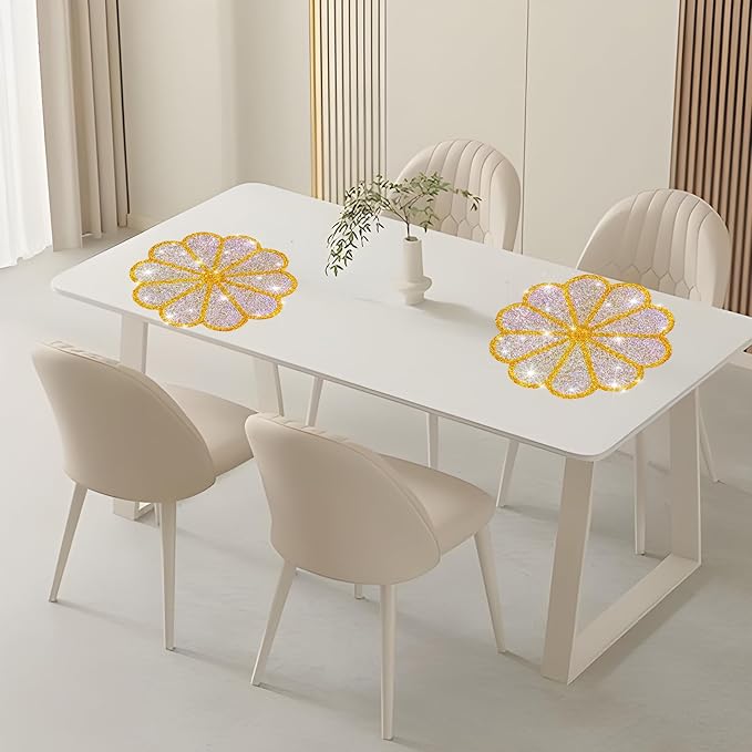 Washable Waterproof Diamond Circle Placemats for Round Tablescape Decor for Dinner and Kitchen Bling Placemats for Weddings & Special Events-4 PCS (Yellow)