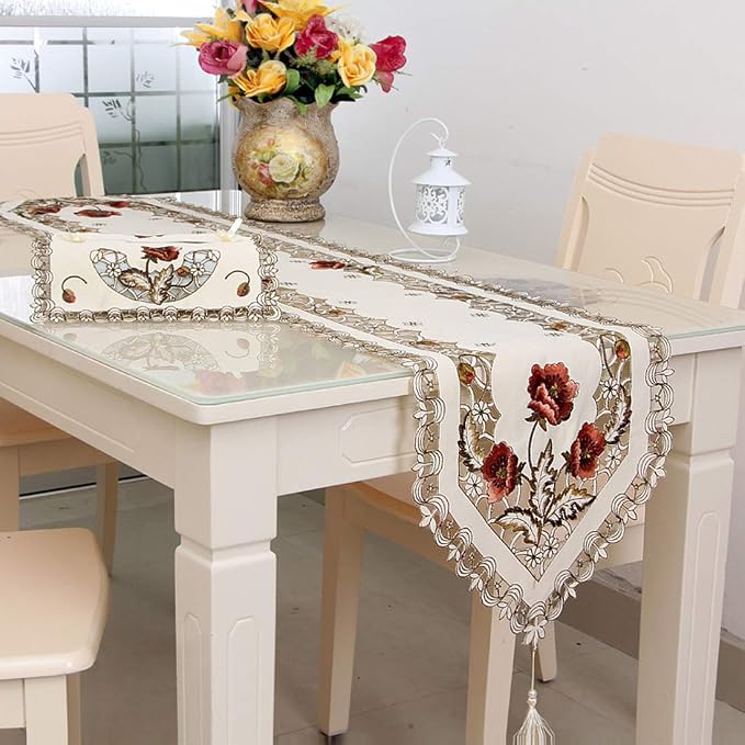 LeLehome 15 Inch X 96 Inch Classic Table Runner, Floral Lace Beige Rose Flowers - Image 4