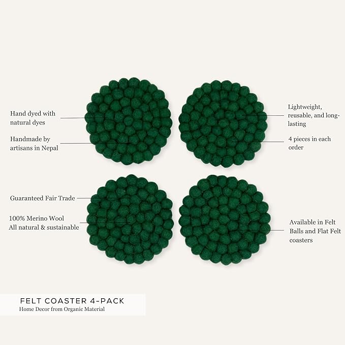 Humble Hilo Handmade Felt Coaster, 3.9 inches, Set of 4 (Teal)