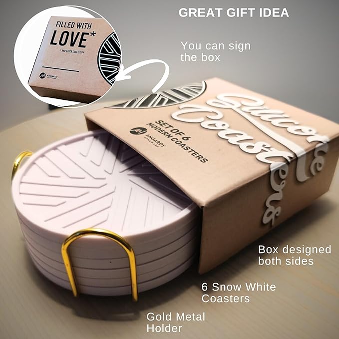 Silicone Drinks Coasters Set of 6 - with Smart, Modern Groove Patterns & Gold Holder Protecs Your cofee Table from Condensation Cups, muggs Home, Office, bar Decor - Lavander White