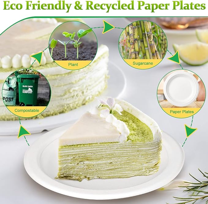 6 inch Paper Plates - 100 Pack, Compostable, Small White Plates for Dessert, Cake, Appetizer