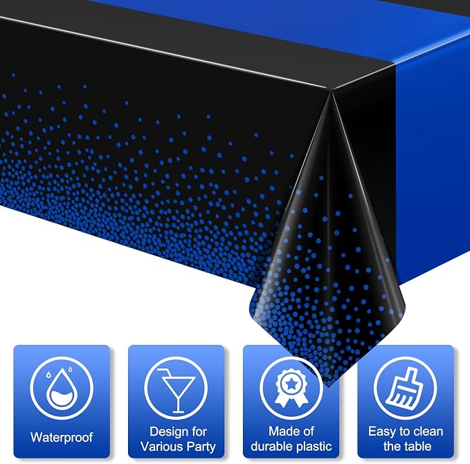 MASHAN 1Pcs Black and Blue Tablecloth Party Decorations, Plastic Black Table - Image 3