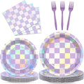 96Pcs Iridescent Birthday Party Supplies Purple Checkered Paper Plates Napkins by Justforjoyful