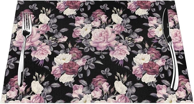 Vintage Floral Placemats Set of 4 Pink Rose Peony Flower Blossom Black Wipeable Table Mats Reusable Washable PVC Rectangle Place Mats for Kitchen Dining Home Decor 12x18 Inches