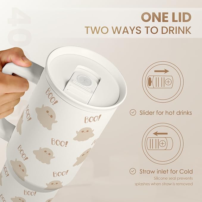 SANDJEST Boo Tumbler with Handle and Straw 40oz – Stainless Sleel Slider - Image 4