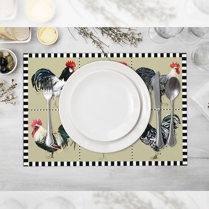 Farmhouse Rooster Placemats Set of 4 Washable Table Place Mats for Dining Kitchen Party Decor