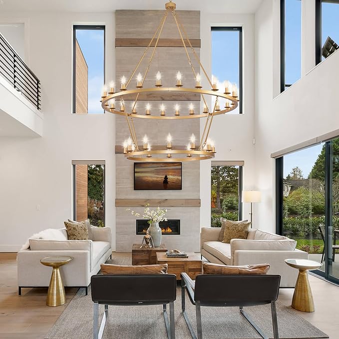 48 Inch 2 Tier Gold Extra Large Wagon Wheel Chandelier 36-Lights Farmhouse Industrial Round High Ceiling Pendant Light Adjustable Chain, for Dining Room, Living Room