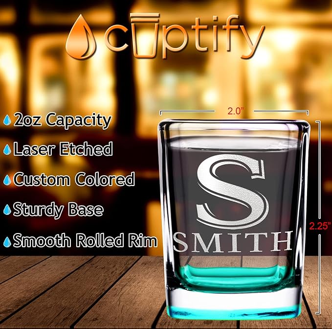 Personalized Square Shot Glasses Set of 25 Teal Bottom 2oz Engraved Initial and Name Custom Gifts, Weddings, Birthdays, Party, Event, Decorations