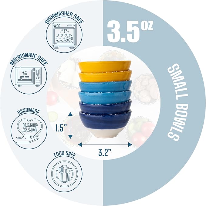 Ceramic Small Dipping Bowls Set of 6, 3.5 Oz Soy Sauce Dish, Handmade Charcuterie, Colorful Pinch, Dishwasher & Microwave Safe, 3.2'' Mini (NAZAR CHARM)