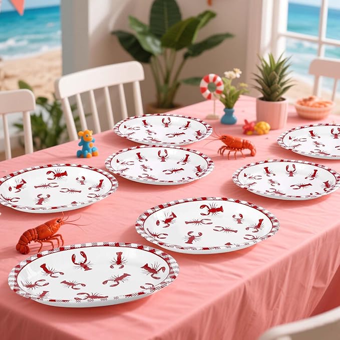 Grencian 50Pcs Crawfish Boil Oval Paper Plates 10" X 12" Disposable Red Grid Pattern Crawfish Party Plates Crawfish Tableware for Lobster BBQ Gathering Picnic Cookout Carnival Birthday Decorations